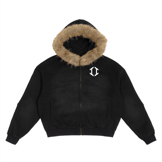 Fur Trim Hood Panel Zip Up